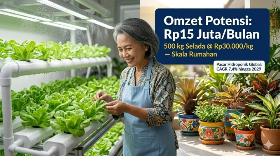 Pensiunan perempuan merawat sistem hidroponik selada di rumah dengan potensi omzet 15 juta rupiah per bulan