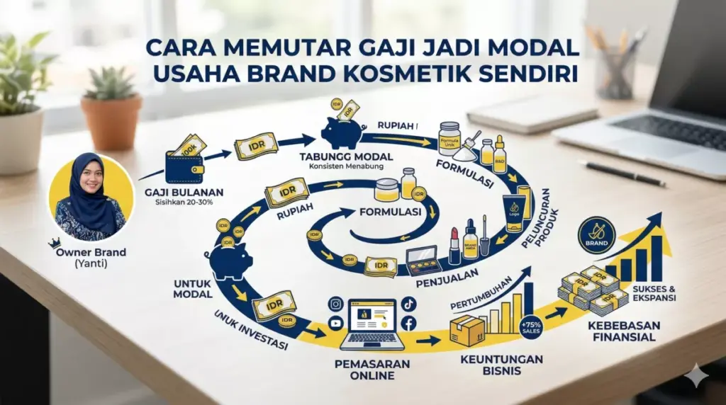 Strategi cara memutar uang gaji jadi modal usaha brand kosmetik sendiri dalam bentuk infografis profesional.