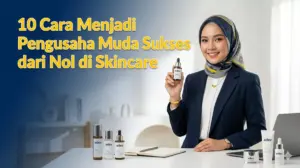 Pengusaha muda berhijab memegang produk skincare adev di ruang kerja modern yang cerah