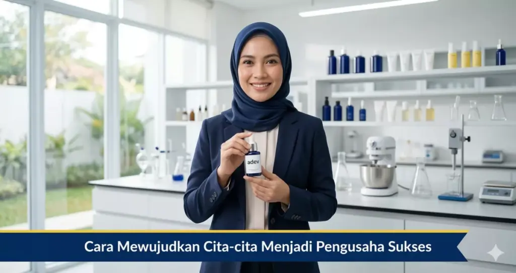 Pengusaha wanita berhijab Indonesia memegang produk kosmetik adev di laboratorium modern sebagai simbol cita-cita pengusaha sukses