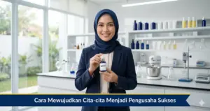 Pengusaha wanita berhijab Indonesia memegang produk kosmetik adev di laboratorium modern sebagai simbol cita-cita pengusaha sukses
