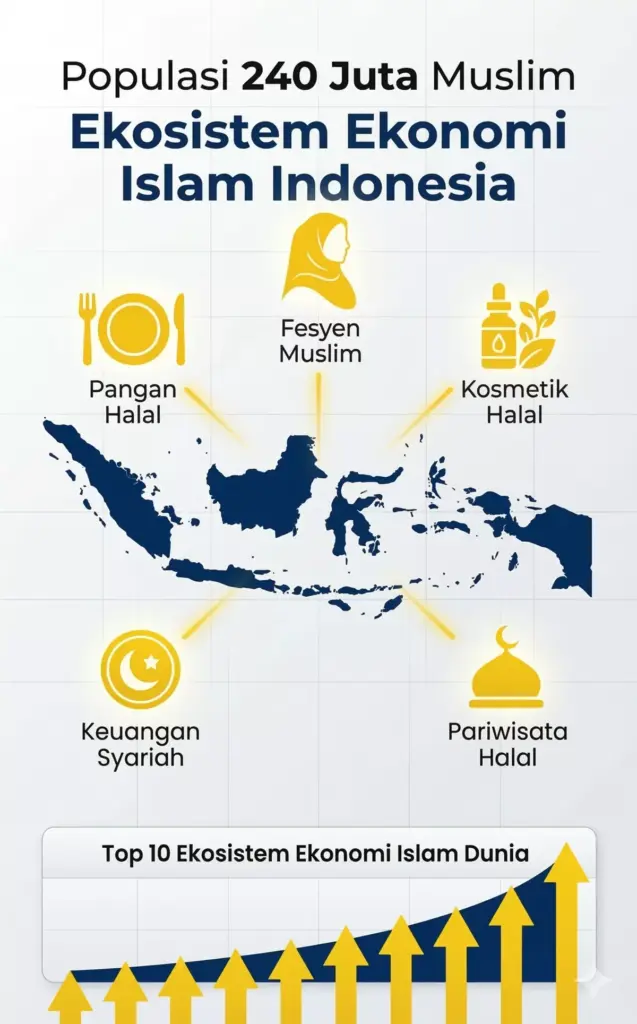 Infografis ekosistem ekonomi Islam Indonesia populasi 240 juta Muslim lima sektor halal utama
