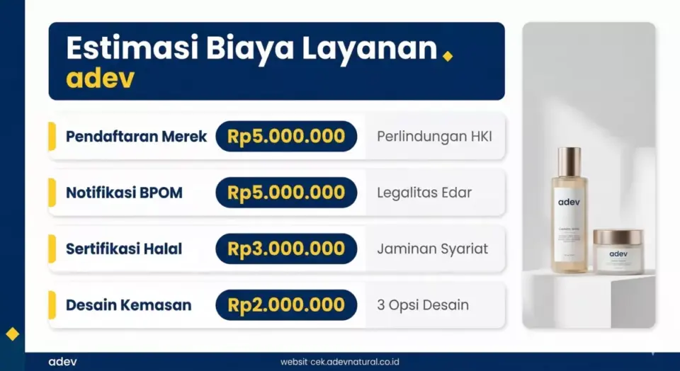 Infografis estimasi biaya jasa formulasi kosmetik Adev meliputi BPOM Rp5 juta, halal Rp3 juta, dan desain kemasan Rp2 juta