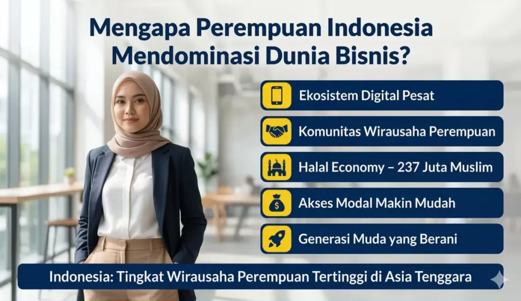 Infografis 5 faktor pendorong pengusaha perempuan Indonesia dominasi dunia bisnis termasuk halal economy 237 juta Muslim dan ekosistem digital
