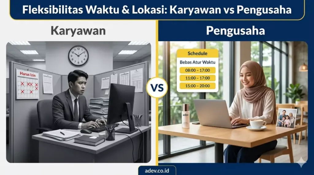 Infografis perbandingan fleksibilitas waktu kerja pengusaha kosmetik berhijab di kafe vs karyawan terikat jam kantor