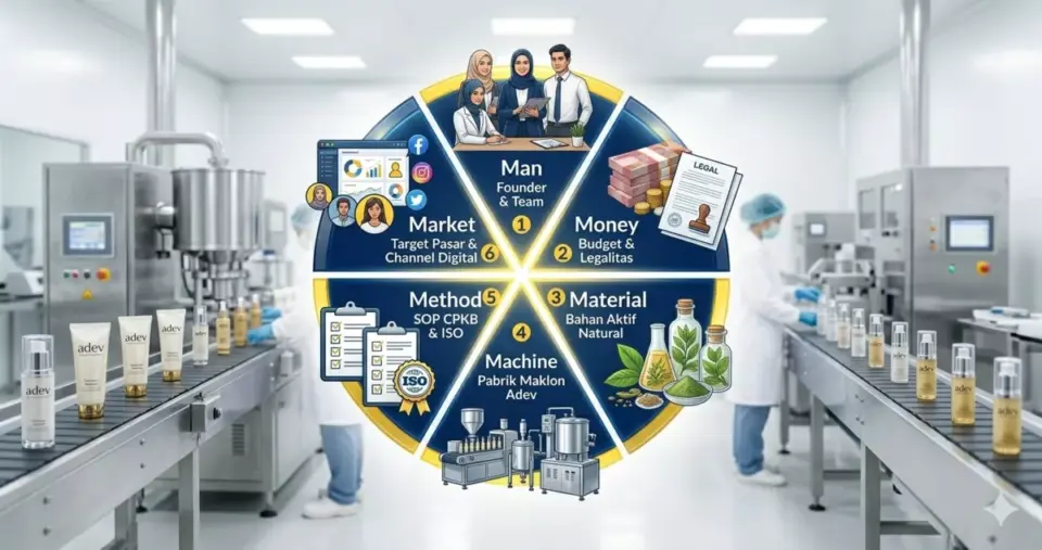 Infografis 6M wirausaha kosmetik Man Money Material Machine Method Market