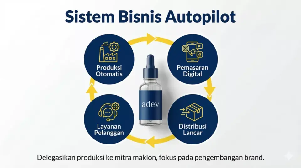 Infografis diagram sistem bisnis autopilot kosmetik dengan empat pilar: produksi, pemasaran, distribusi, layanan pelanggan