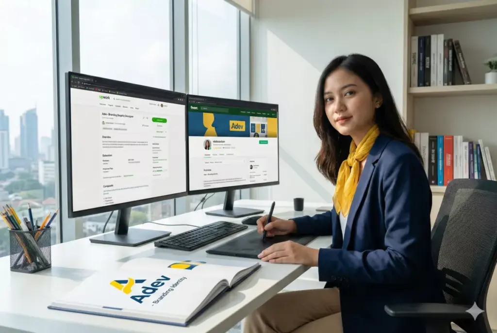 Freelancer desain tinjau portofolio Upwork Fiverr di meja kerja