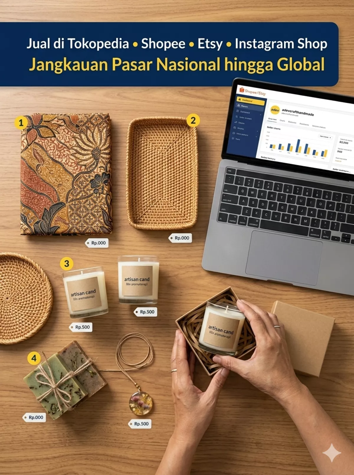 Pensiunan mengemas produk kerajinan tangan batik dan lilin aromaterapi untuk dijual online di Shopee Tokopedia dan Etsy