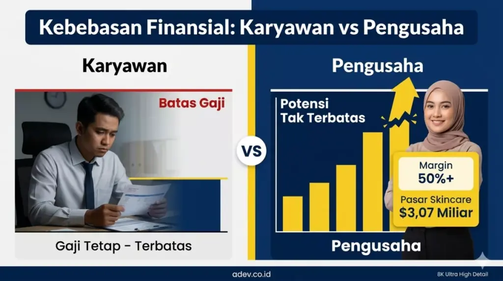 Infografis perbandingan kebebasan finansial pengusaha kosmetik vs karyawan: potensi tak terbatas dengan margin 50% dan pasar skincare 3,07 miliar dolar