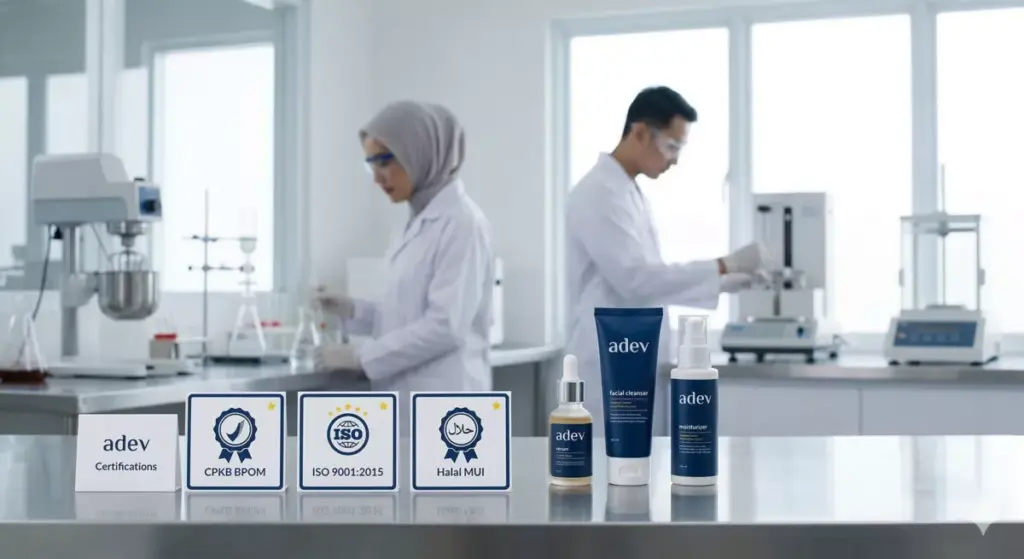 Laboratorium maklon kosmetik Adev bersertifikat CPKB BPOM dan ISO 9001:2015 dengan tim ahli profesional