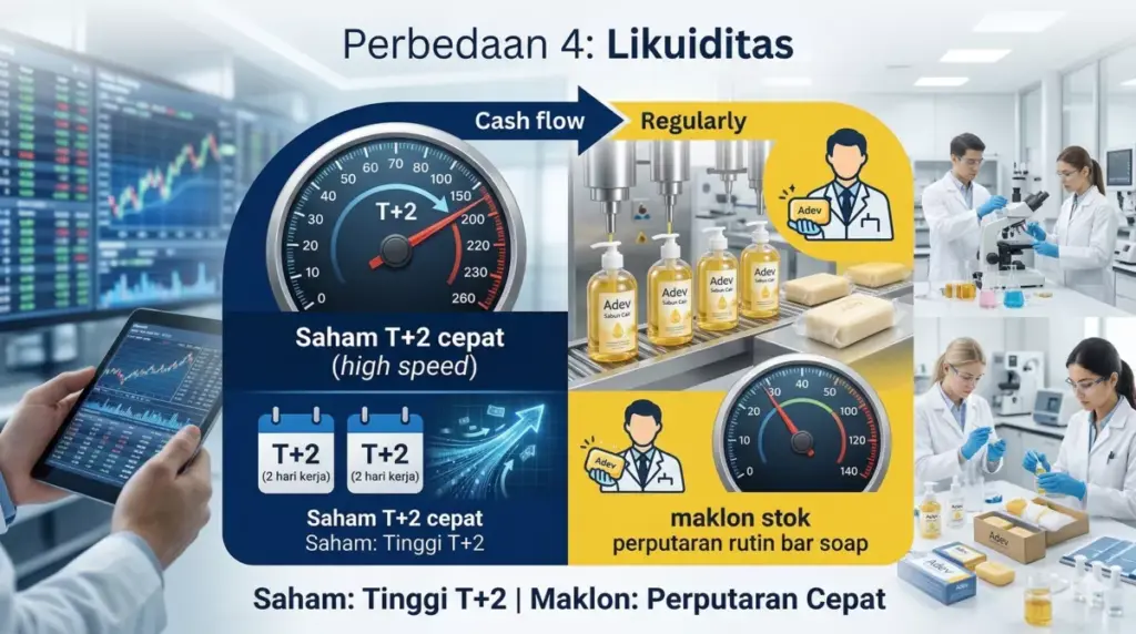 Likuiditas saham T+2 vs perputaran stok maklon kosmetik adev cepat