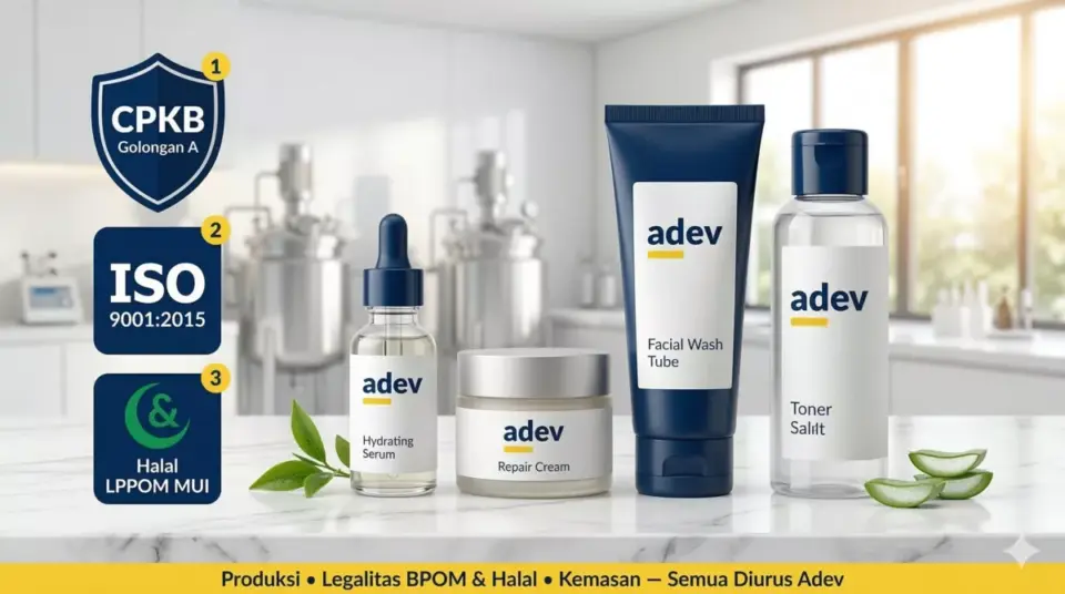 Produk kosmetik berlabel adev bersertifikasi CPKB ISO 9001 dan Halal sebagai solusi maklon terbaik untuk bisnis pensiunan