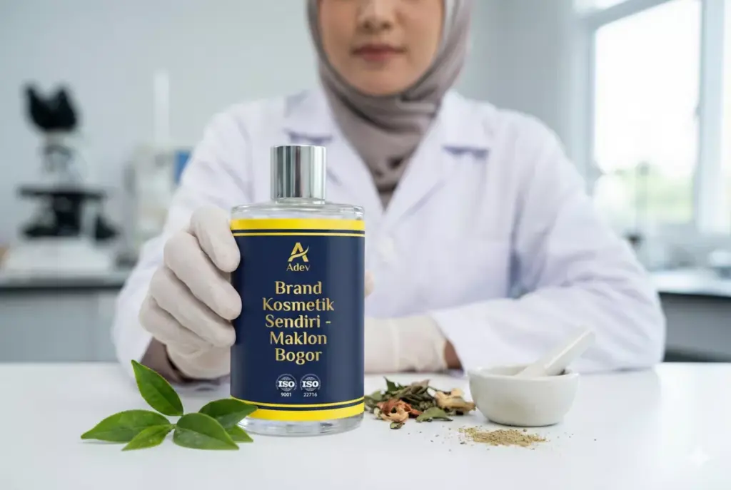 Botol kosmetik Adev perusahaan maklon Bogor dipegang oleh ilmuwan wanita berhijab di lab modern dengan bahan alami