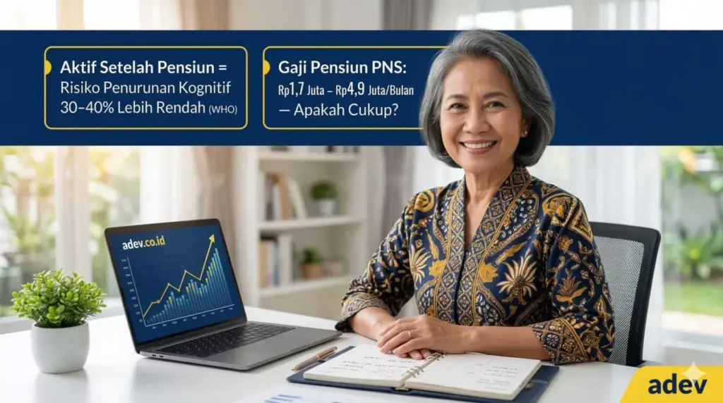 Pensiunan aktif bekerja di laptop sebagai bukti bisnis menjaga kesehatan mental dan kebebasan finansial