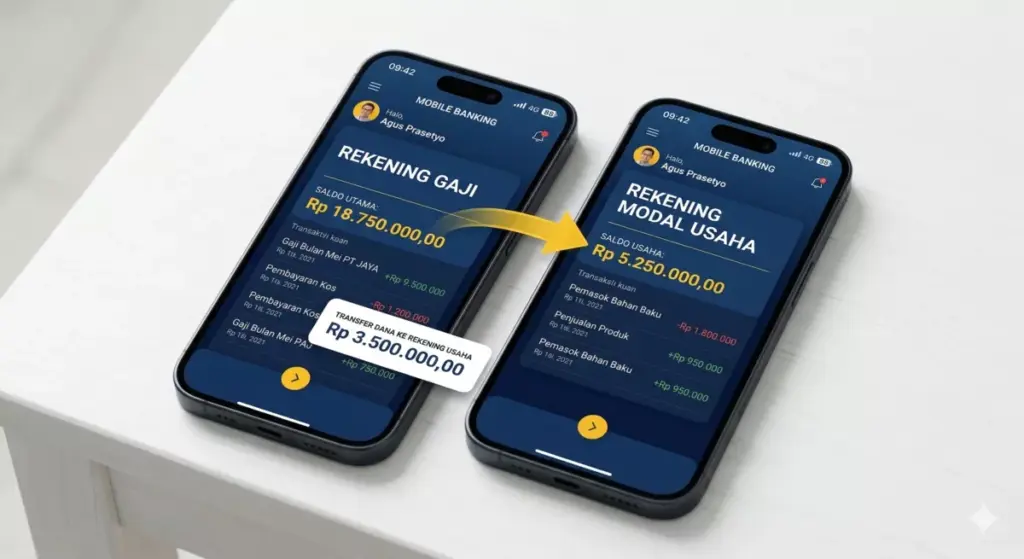 Ilustrasi dua rekening terpisah untuk gaji dan modal usaha agar keuangan lebih terkontrol.