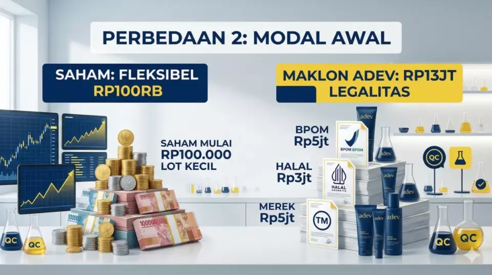 Modal awal bisnis maklon adev Rp13 juta vs saham ratusan ribu fleksibel