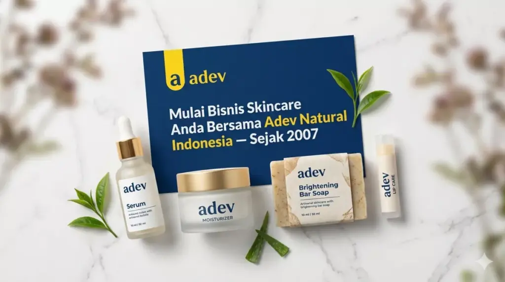 Rangkaian produk skincare berlabel adev tersusun elegan sebagai ajakan bermitra dengan Adev Natural Indonesia