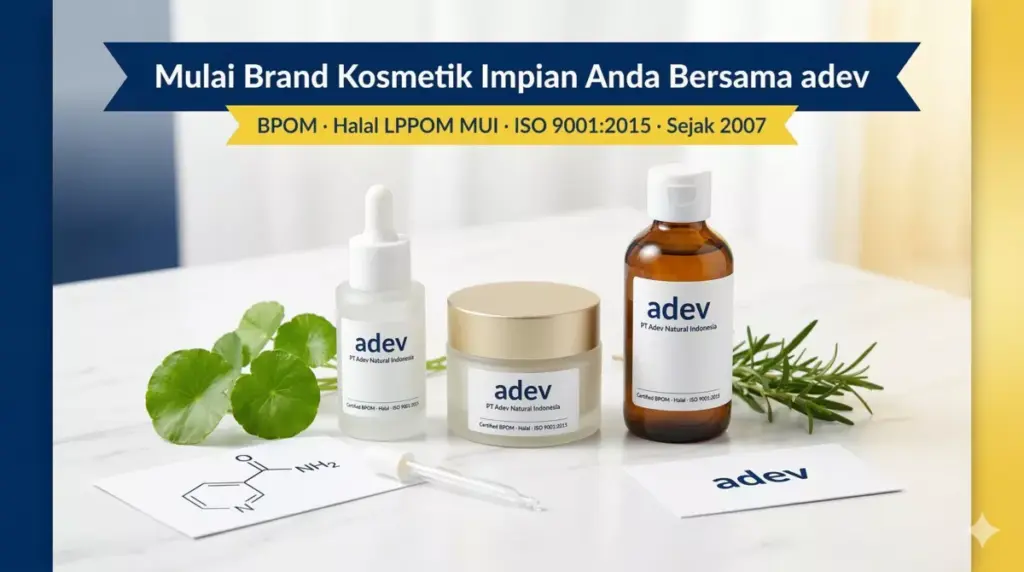 Produk kosmetik skincare adev Natural Indonesia bersertifikat BPOM dan Halal tersusun di studio putih sebagai langkah pertama memulai brand kosmetik impian