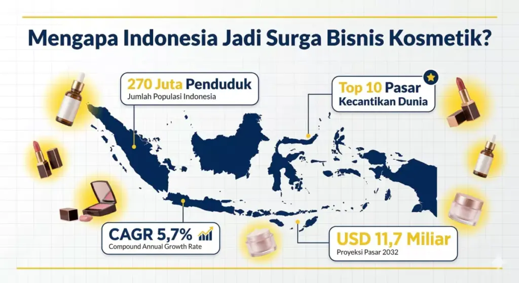 Infografis pasar kosmetik Indonesia diproyeksi USD 11,7 miliar pada 2032 dengan CAGR 5,7%