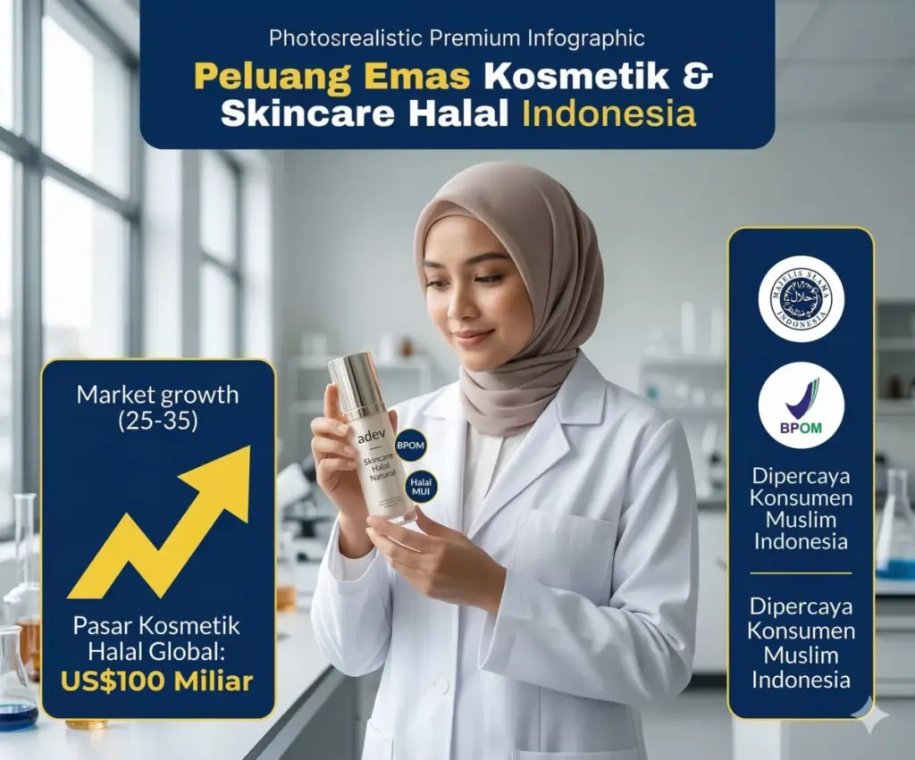 Infografis peluang emas kosmetik skincare halal Indonesia pasar US$100 miliar BPOM halal MUI Adev