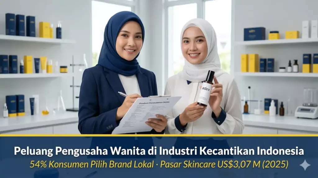 Dua pengusaha wanita berhijab Indonesia memegang produk kosmetik adev di studio modern sebagai gambaran peluang wirausaha wanita di industri kecantikan