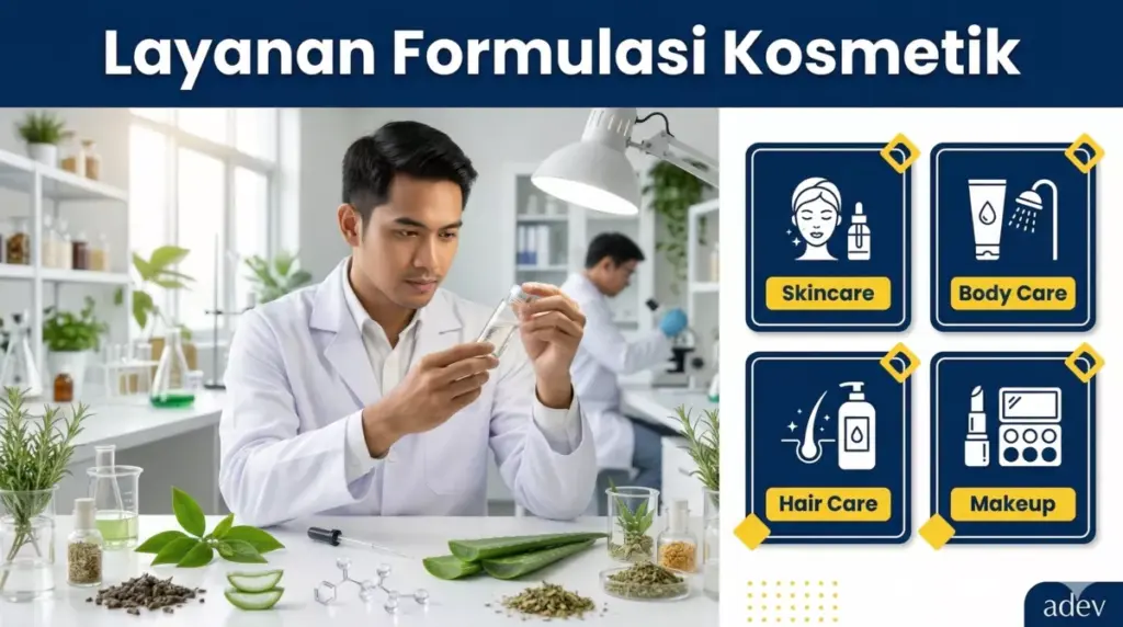 Ilmuwan kosmetik Adev menjelaskan pengertian jasa formulasi kosmetik untuk skincare body care dan hair care