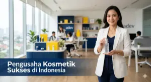Pengusaha kosmetik sukses di Indonesia berdiri percaya diri di kantor modern sambil memegang produk kosmetik adev