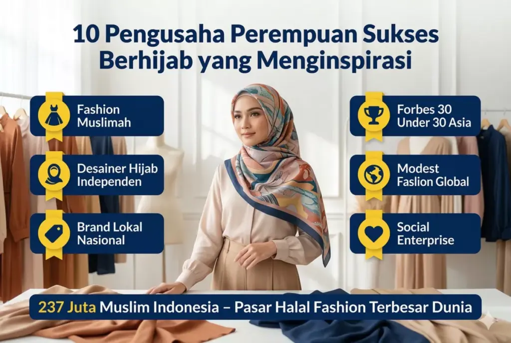 Infografis 10 pengusaha perempuan sukses berhijab Indonesia di fashion muslimah dan modest fashion global dengan pasar 237 juta Muslim