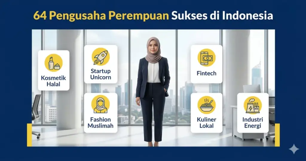 Infografis 64 pengusaha perempuan sukses di Indonesia lintas sektor kosmetik halal, startup unicorn, fashion muslimah, dan fintech