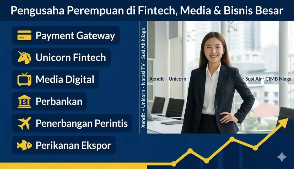 Infografis pengusaha perempuan sukses Indonesia di fintech unicorn Xendit, media digital Narasi TV, perbankan, dan penerbangan perintis Susi Air