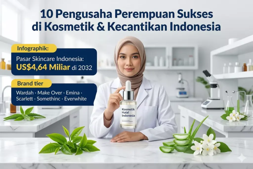 Infografis 10 pengusaha perempuan sukses kosmetik dan kecantikan Indonesia dengan proyeksi pasar skincare US$4,64 miliar tahun 2032