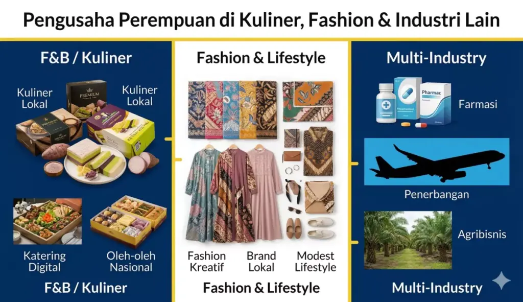 Infografis pengusaha perempuan sukses Indonesia di sektor kuliner lokal, fashion kreatif, dan multi-industri dari katering digital hingga agribisnis