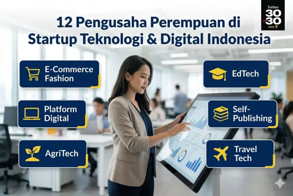 Infografis 12 pengusaha perempuan sukses di startup teknologi dan digital Indonesia dari e-commerce fashion, agritech, edtech hingga self-publishing