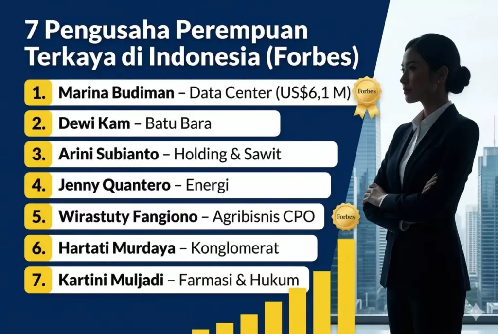 Infografis 7 pengusaha perempuan terkaya di Indonesia versi Forbes mulai dari Marina Budiman pemilik data center DCI hingga Kartini Muljadi di farmasi