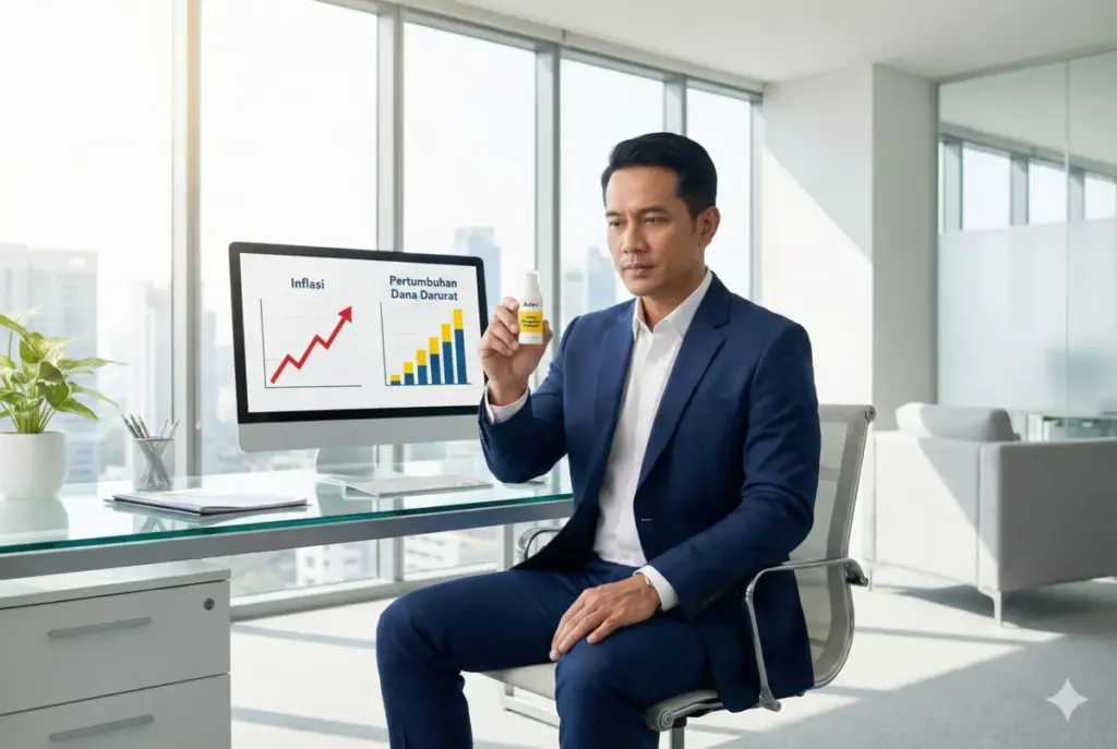 Analis keuangan tinjau grafik inflasi dan dana darurat dengan produk Adev di kantor terang