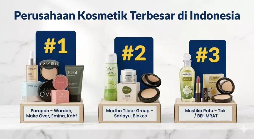Infografis tiga perusahaan kosmetik terbesar di Indonesia: Paragon, Martha Tilaar Group, dan Mustika Ratu yang lahir dari pengusaha lokal