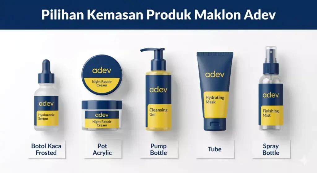 Showcase 5 pilihan kemasan produk maklon kosmetik Adev: botol kaca frosted, pot acrylic, pump bottle, tube, spray bottle