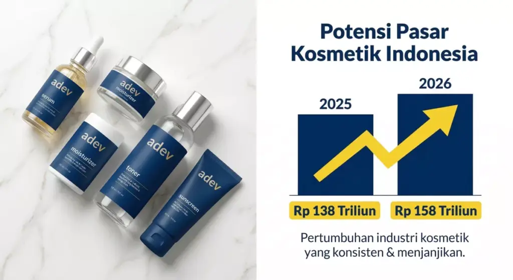 Infografis pertumbuhan pasar kosmetik Indonesia dari Rp138 triliun 2025 ke Rp158 triliun 2026