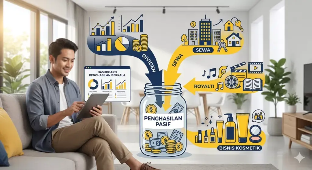 Ilustrasi prinsip orang kaya yang fokus membangun passive income termasuk dari bisnis kosmetik.