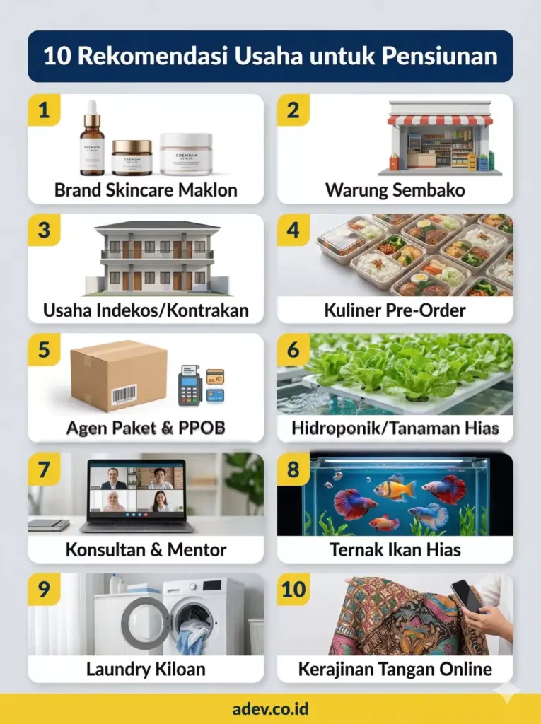 Infografis 10 rekomendasi usaha mudah untuk pensiunan dari brand kosmetik maklon hingga kerajinan tangan online