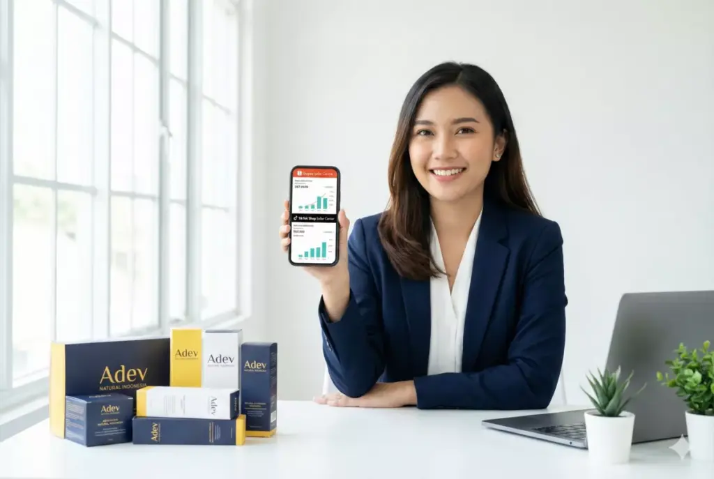 Pengusaha reseller kecantikan cek dashboard Shopee dengan paket produk lokal Adev