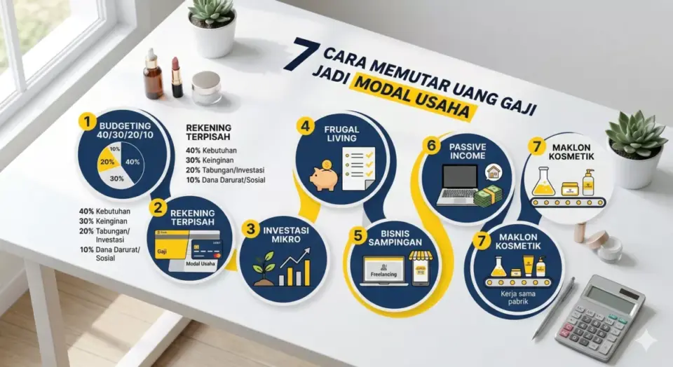 Ringkasan infografis 7 cara memutar uang gaji jadi modal usaha kosmetik secara efektif.