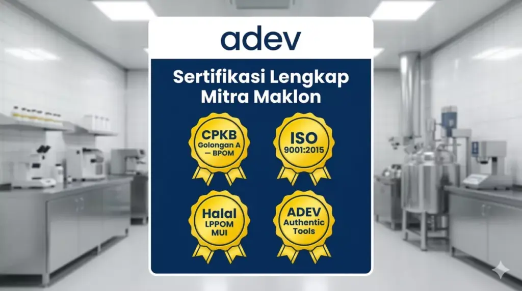 Infografis sertifikasi lengkap PT Adev Natural Indonesia: CPKB BPOM, ISO 9001:2015, Halal LPPOM MUI, Adev Authentic Tools