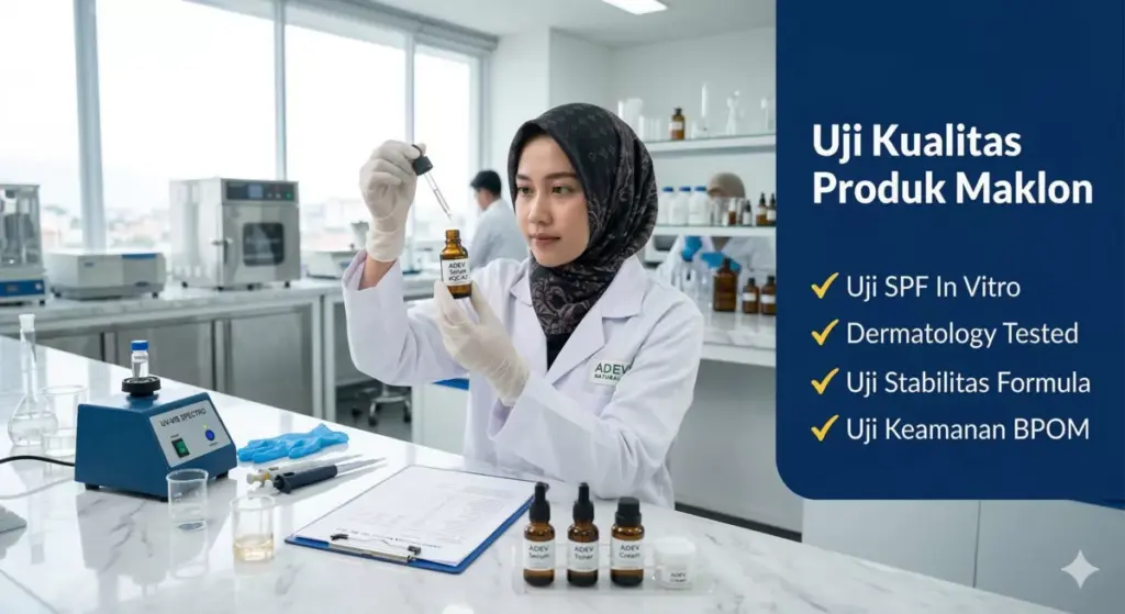Ilmuwan kosmetik perempuan berhijab menguji sampel produk maklon skincare di laboratorium dengan checklist uji SPF dan dermatology tested