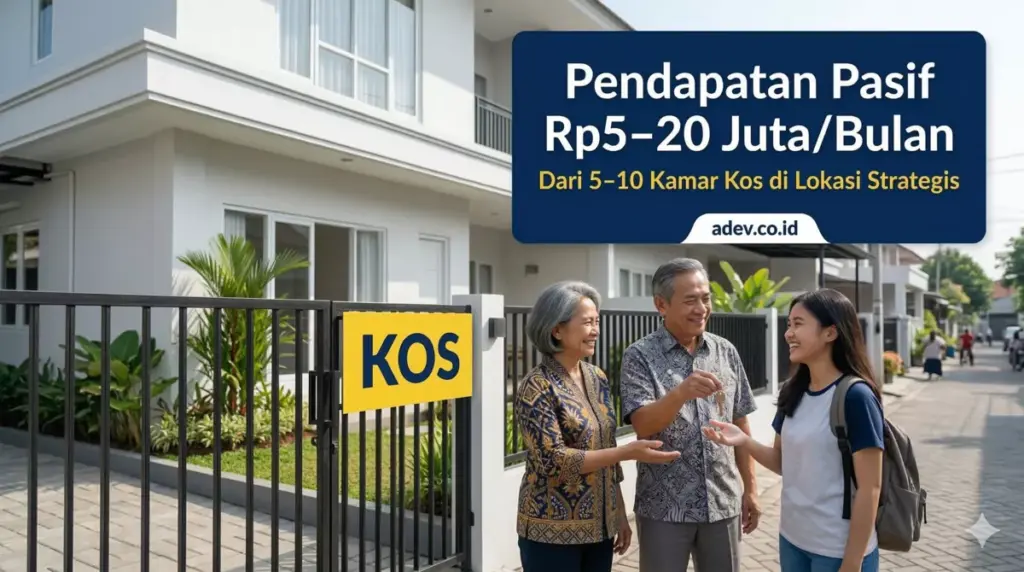 Pasangan pensiunan Indonesia menyerahkan kunci kamar kos kepada penyewa mahasiswa di depan bangunan indekos modern