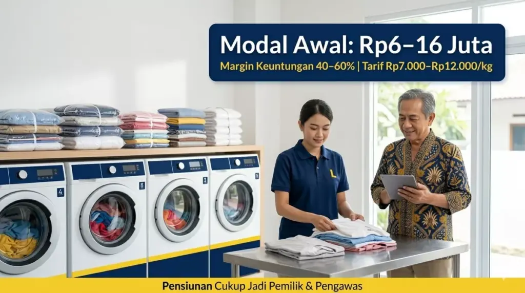 Pemilik pensiunan mengawasi karyawan laundry kiloan di toko bersih dengan mesin cuci modern dan manajemen terstandarisasi
