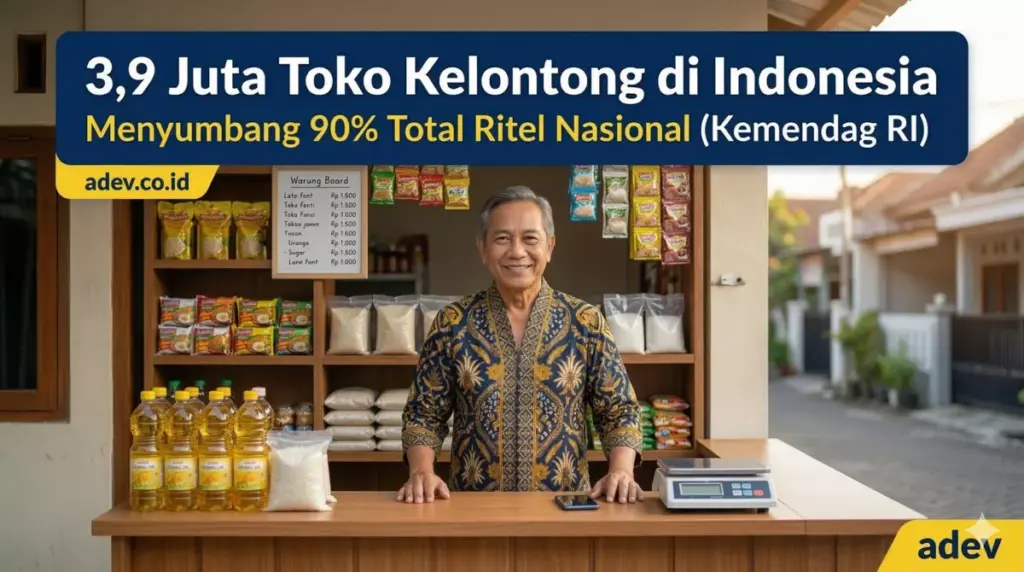 Pensiunan pria Indonesia berdiri di depan warung sembako rumahan yang rapi dan terorganisir