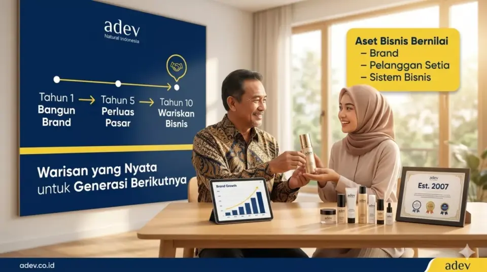Pengusaha senior mewariskan brand kosmetik adev kepada generasi berikutnya di ruang kantor modern dengan timeline pertumbuhan bisnis di latar belakang