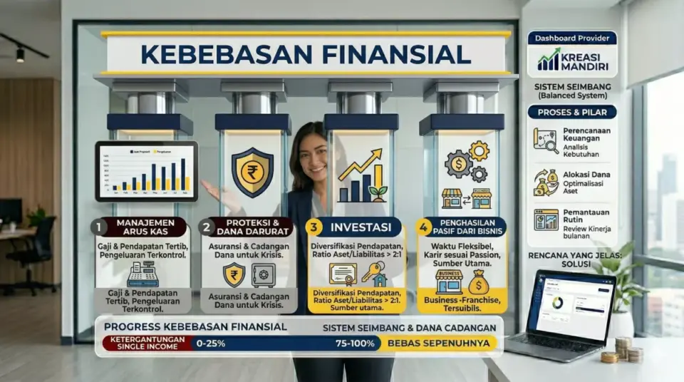 Empat pilar kebebasan finansial berupa arus kas, proteksi, investasi, dan bisnis Empat pilar kebebasan finansial berupa arus kas, proteksi, investasi, dan bisnis